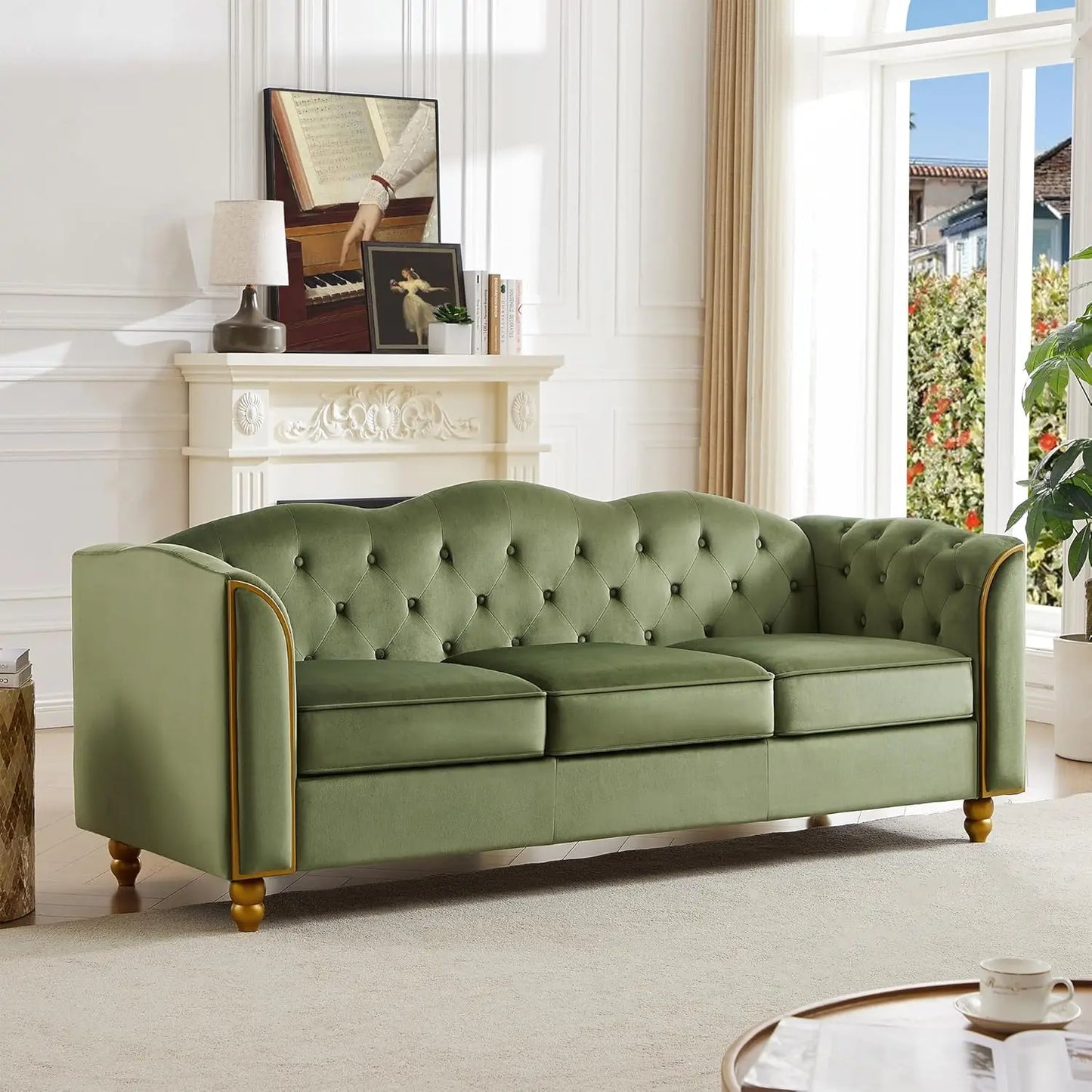 Tufted Sofa with Gold Trim