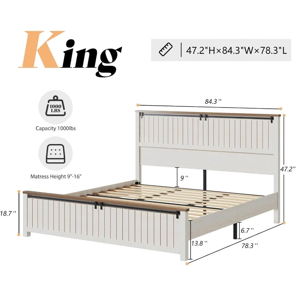 Farmhouse King Size Bed Frame with Sliding Barn Door Wooden Rustic Platform Bed Frame with 47" Tall Headboard