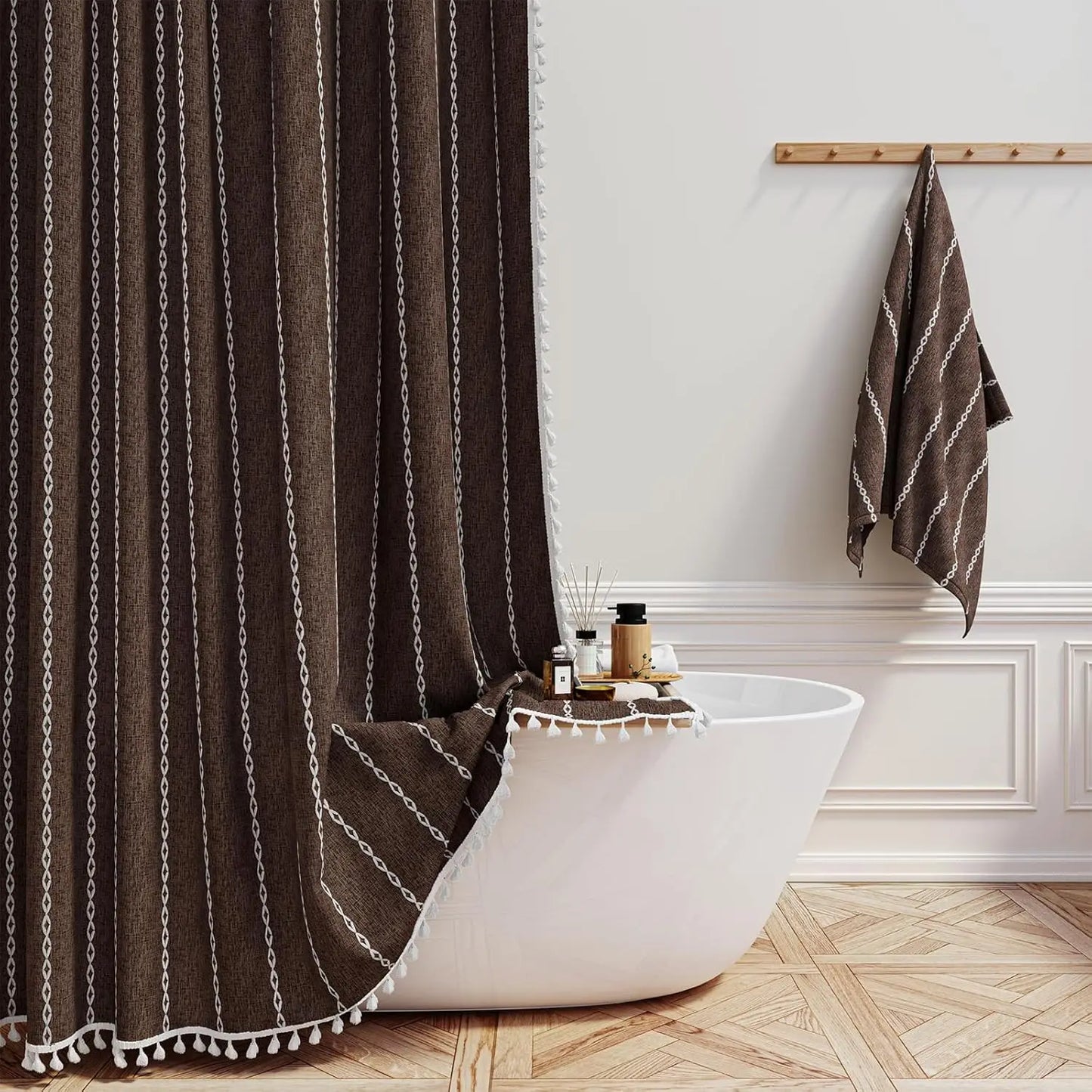 Linen Striped Shower Curtain with Tassels