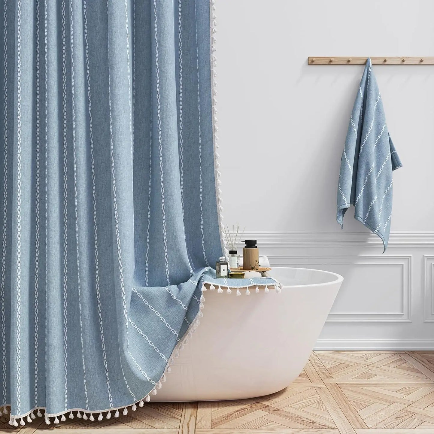 Linen Striped Shower Curtain with Tassels