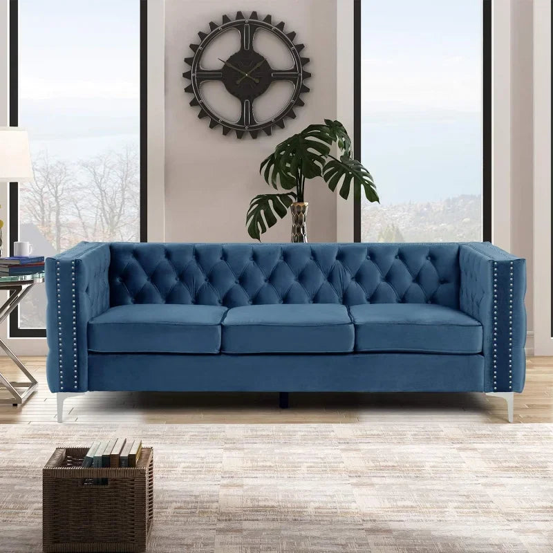 Blue Sofa with Buttons and Trim