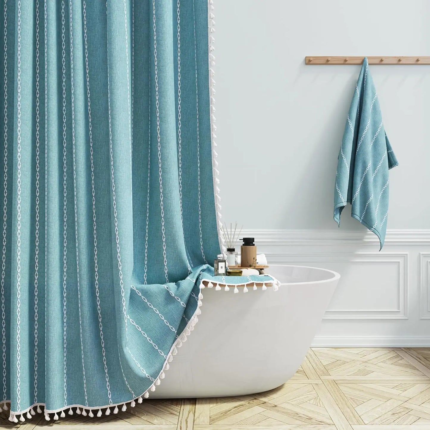 Linen Striped Shower Curtain with Tassels