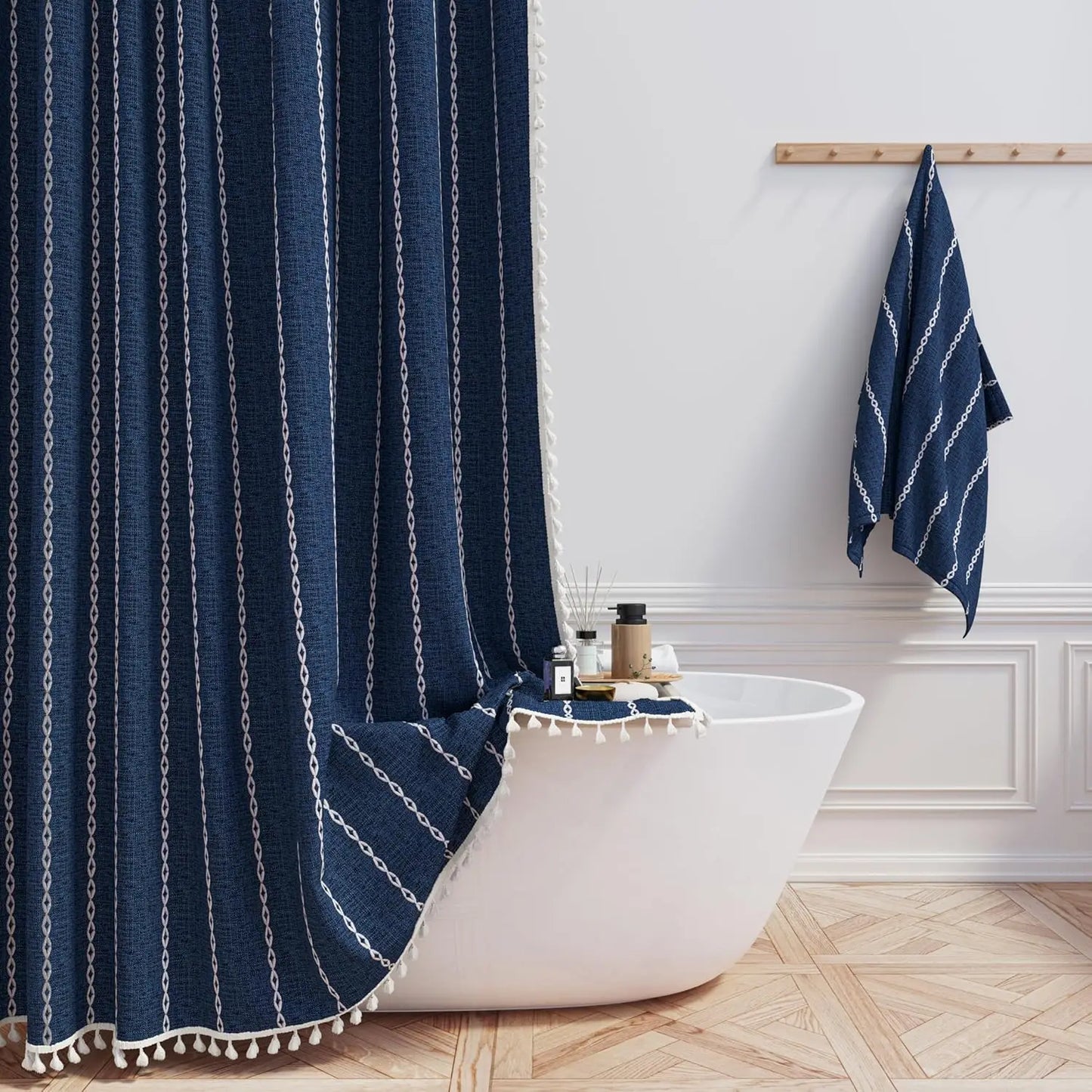 Linen Striped Shower Curtain with Tassels