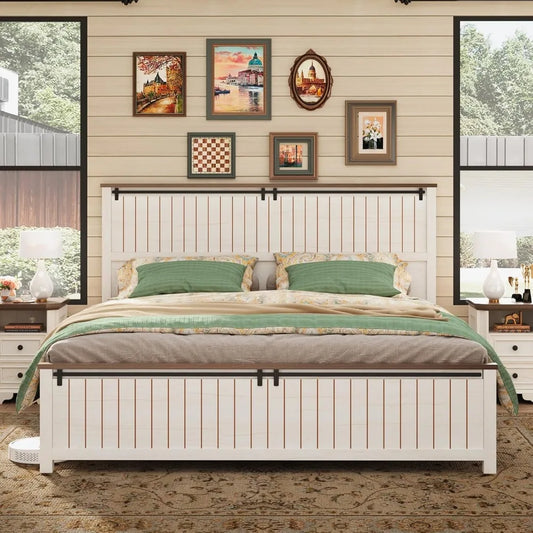 Farmhouse King Size Bed Frame with Sliding Barn Door Wooden Rustic Platform Bed Frame with 47" Tall Headboard