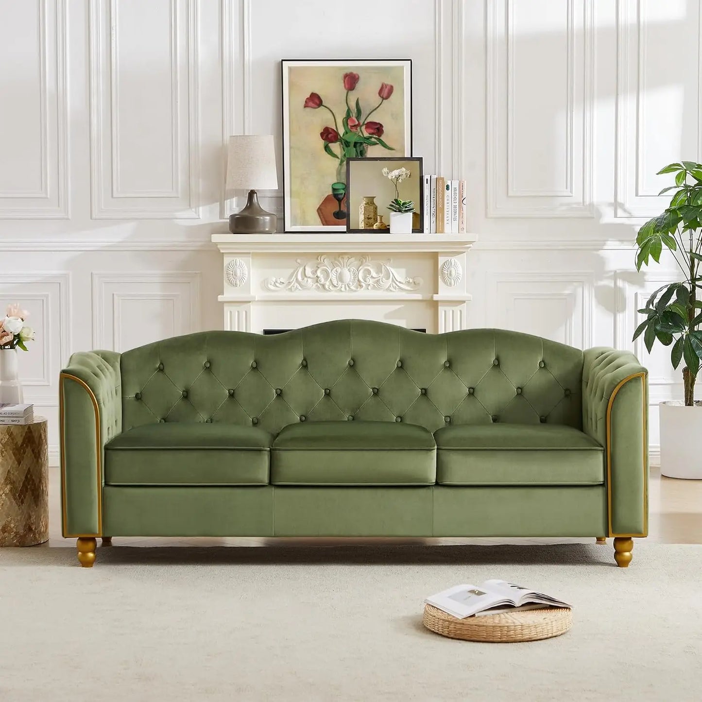 Tufted Sofa with Gold Trim