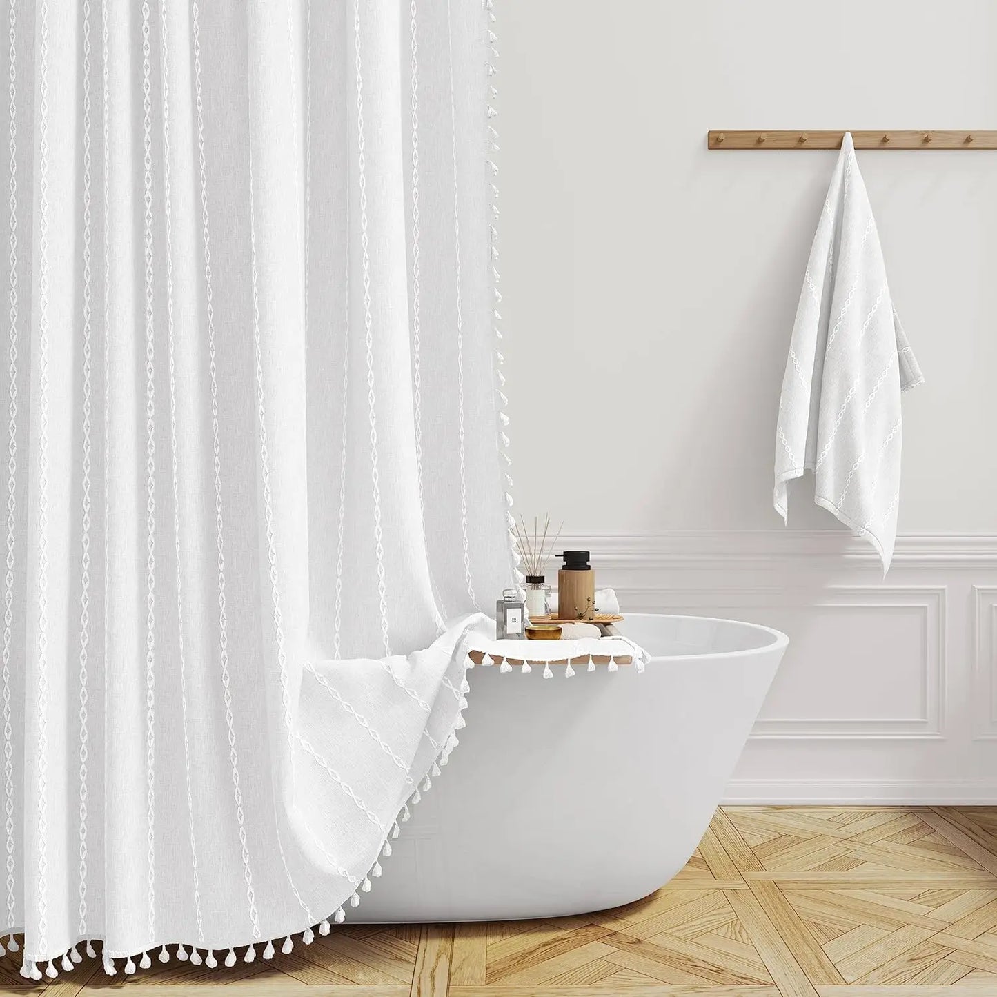 Linen Striped Shower Curtain with Tassels