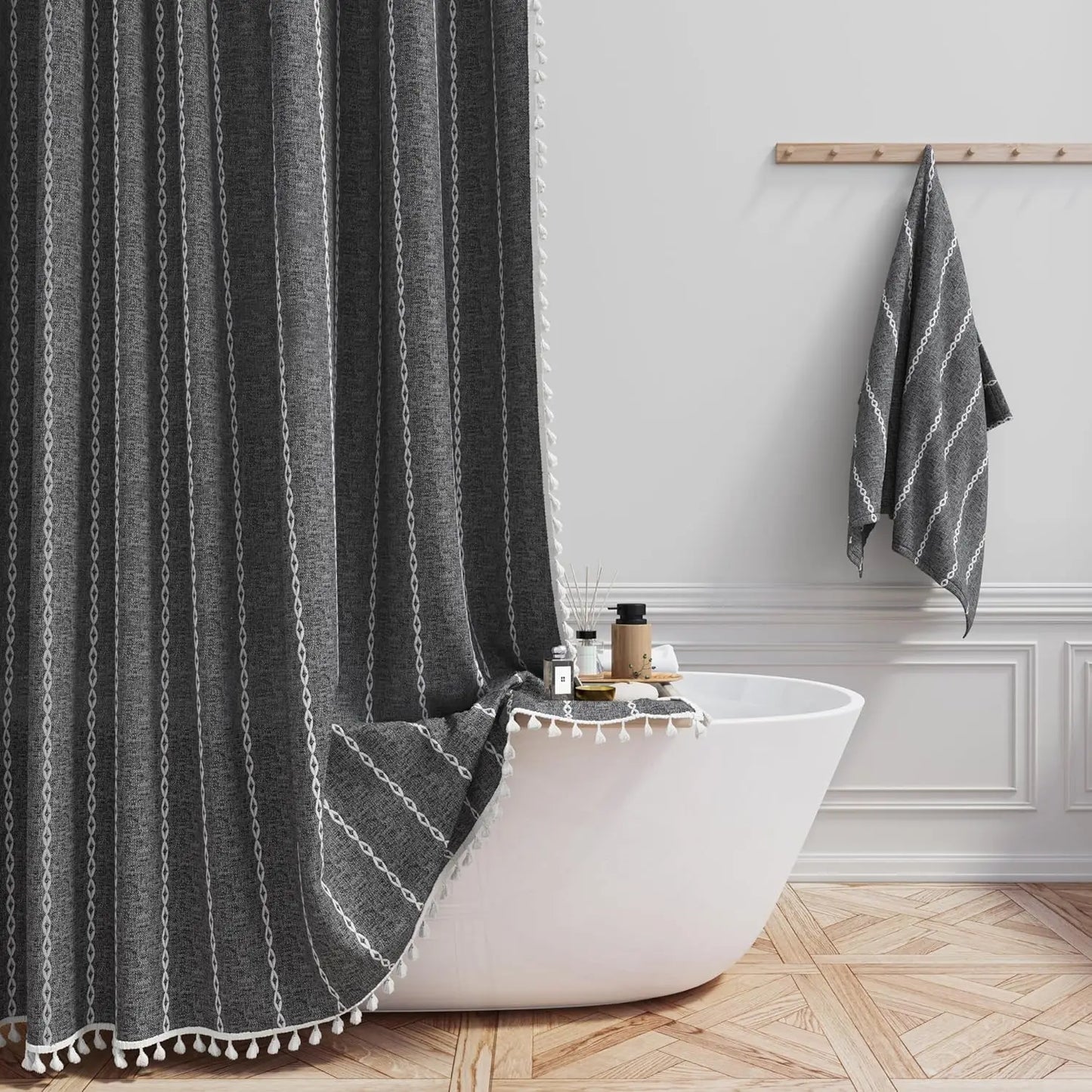 Linen Striped Shower Curtain with Tassels