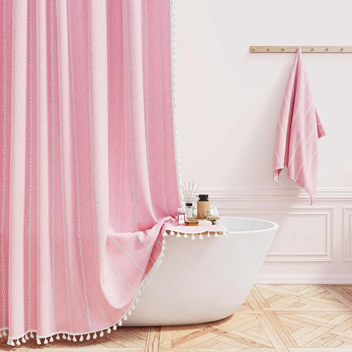 Linen Striped Shower Curtain with Tassels