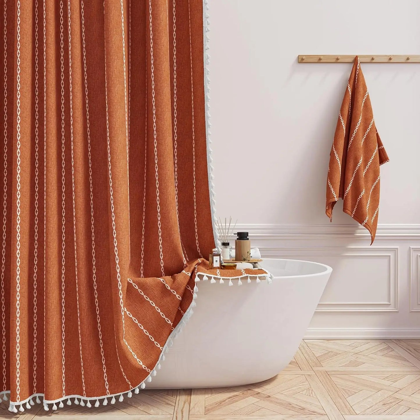 Linen Striped Shower Curtain with Tassels