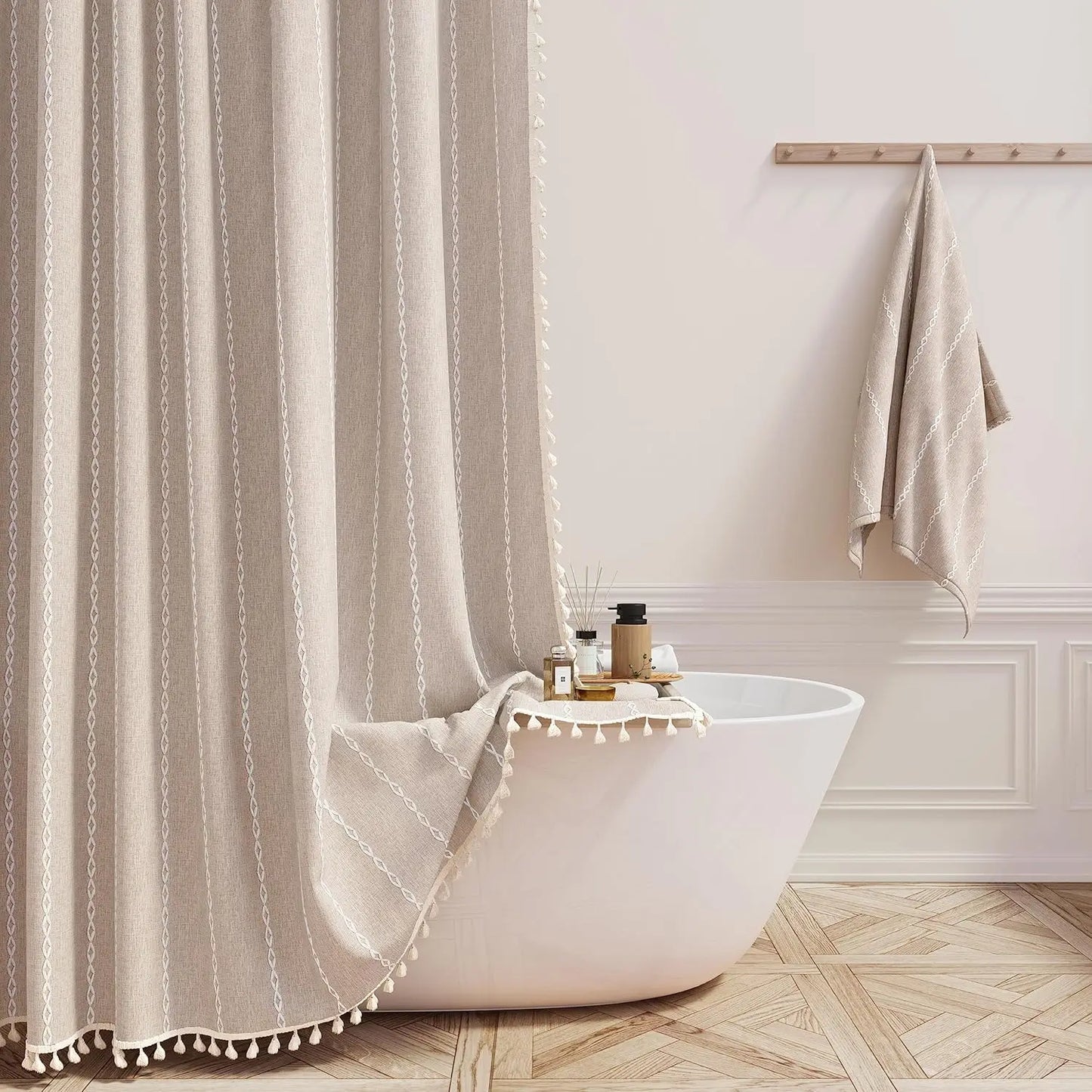 Linen Striped Shower Curtain with Tassels