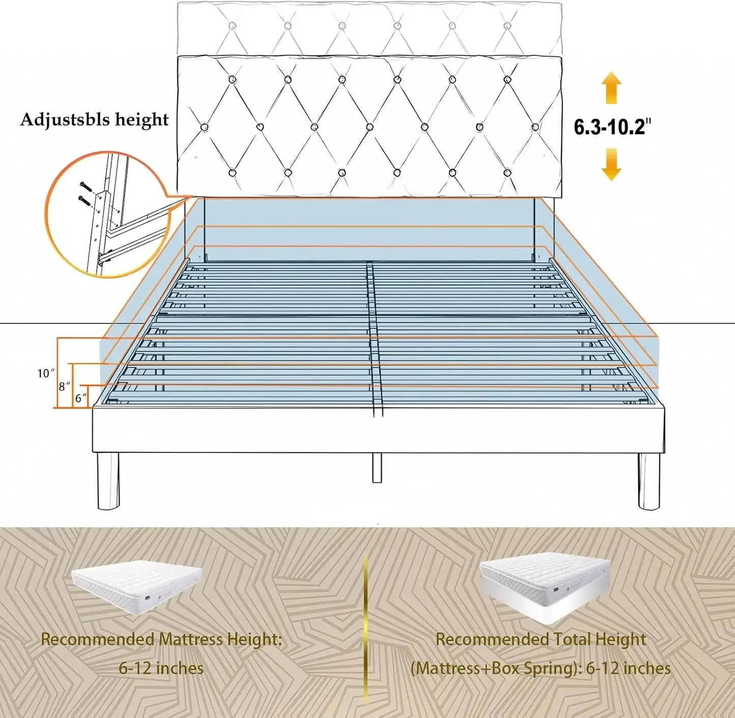 Queen Size Bed Frame, Velvet Upholstered Platform with Headboard, Easy Assembly, No Box Spring Needed, Non-Slip and Noise-Free