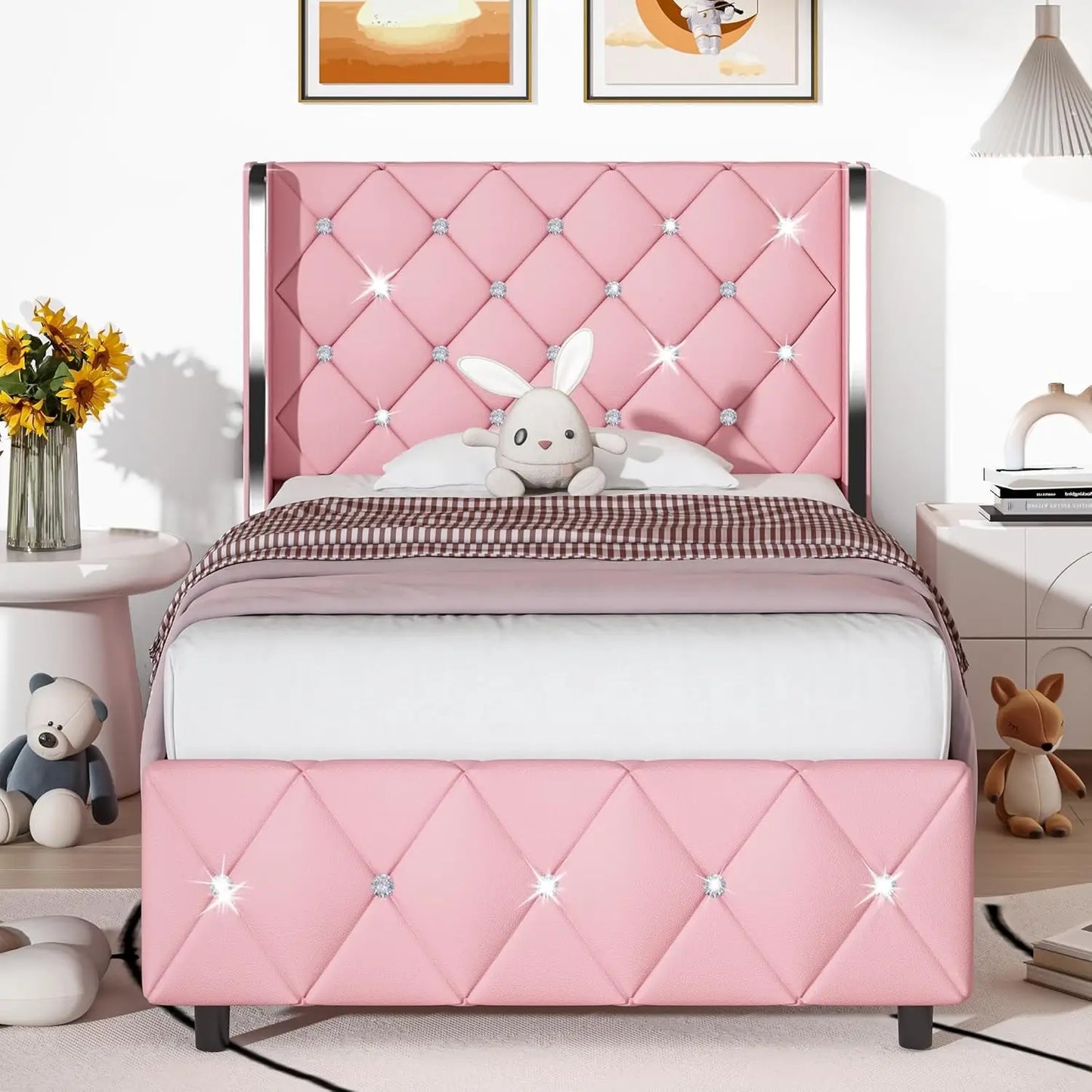 Upholstered Bed Frame with Diamond Tufted Headboard