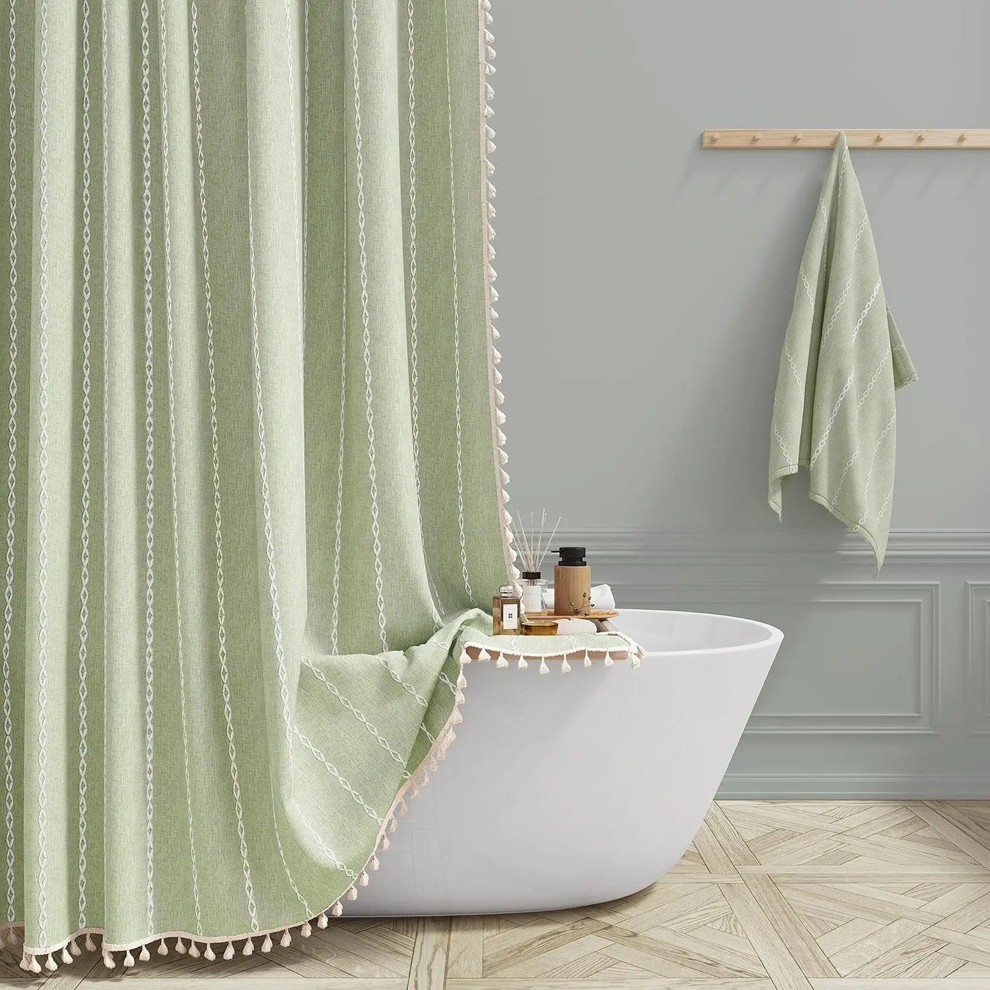 Linen Striped Shower Curtain with Tassels