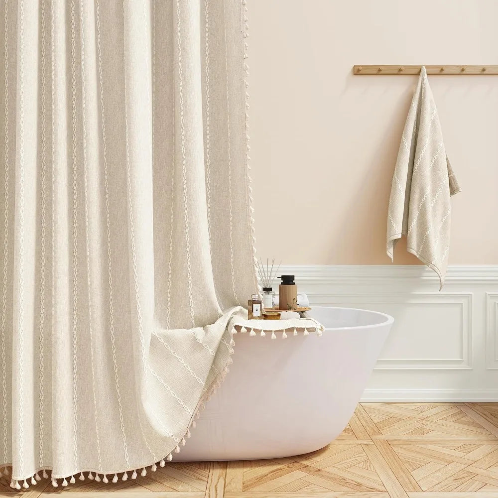 Linen Striped Shower Curtain with Tassels