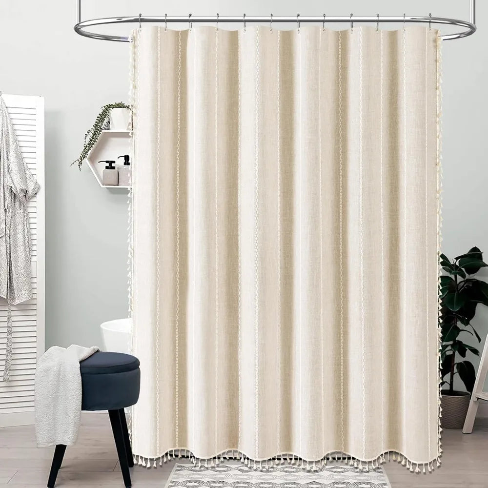 Linen Striped Shower Curtain with Tassels