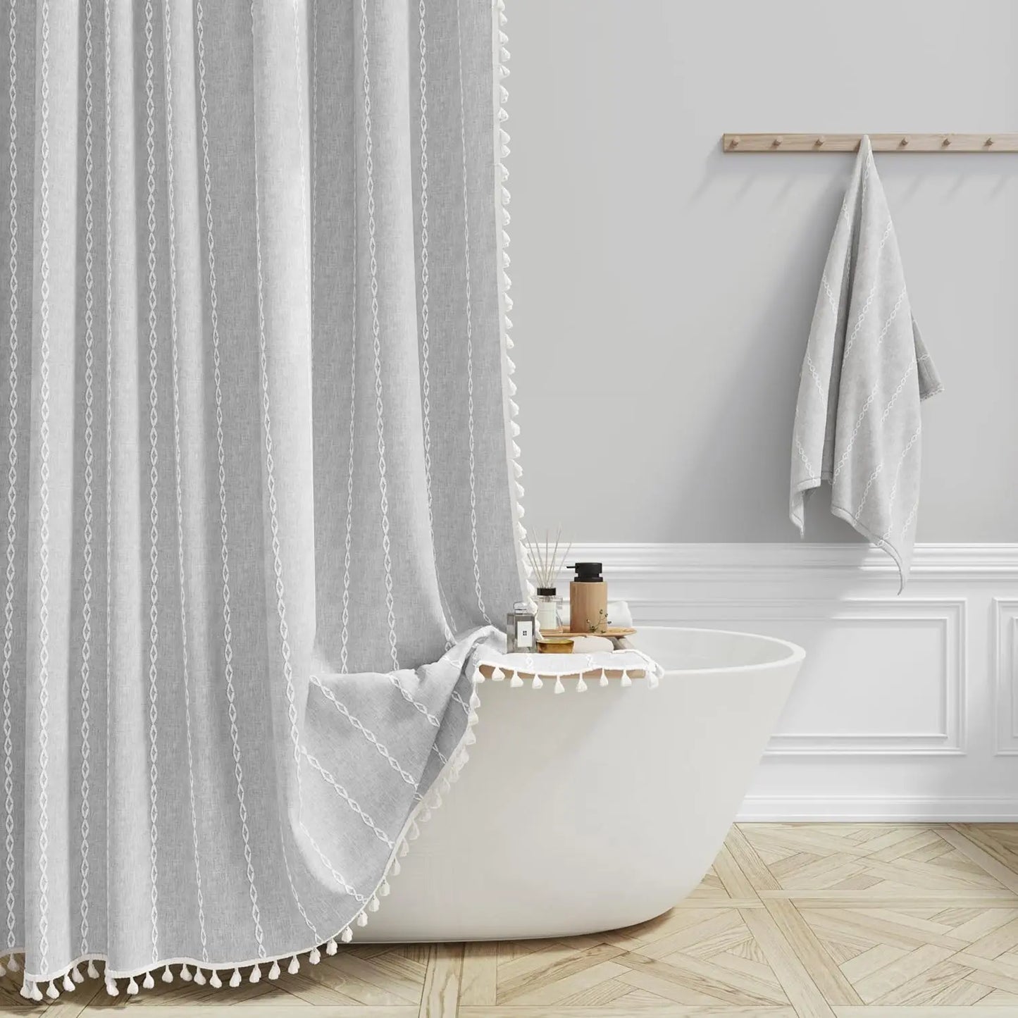 Linen Striped Shower Curtain with Tassels