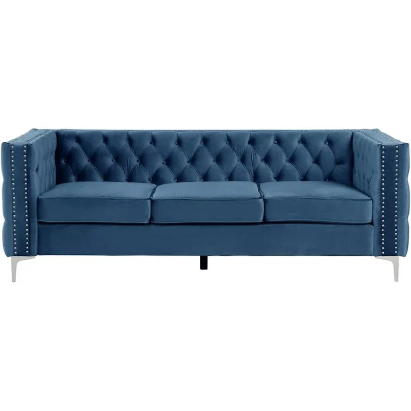 Blue Sofa with Buttons and Trim