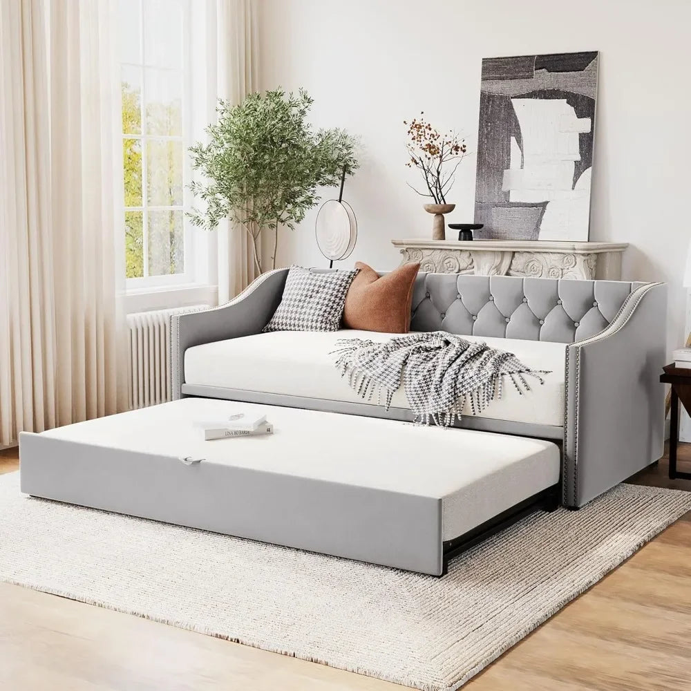 Upholstered Velvet Daybed with Pop Up Trundle