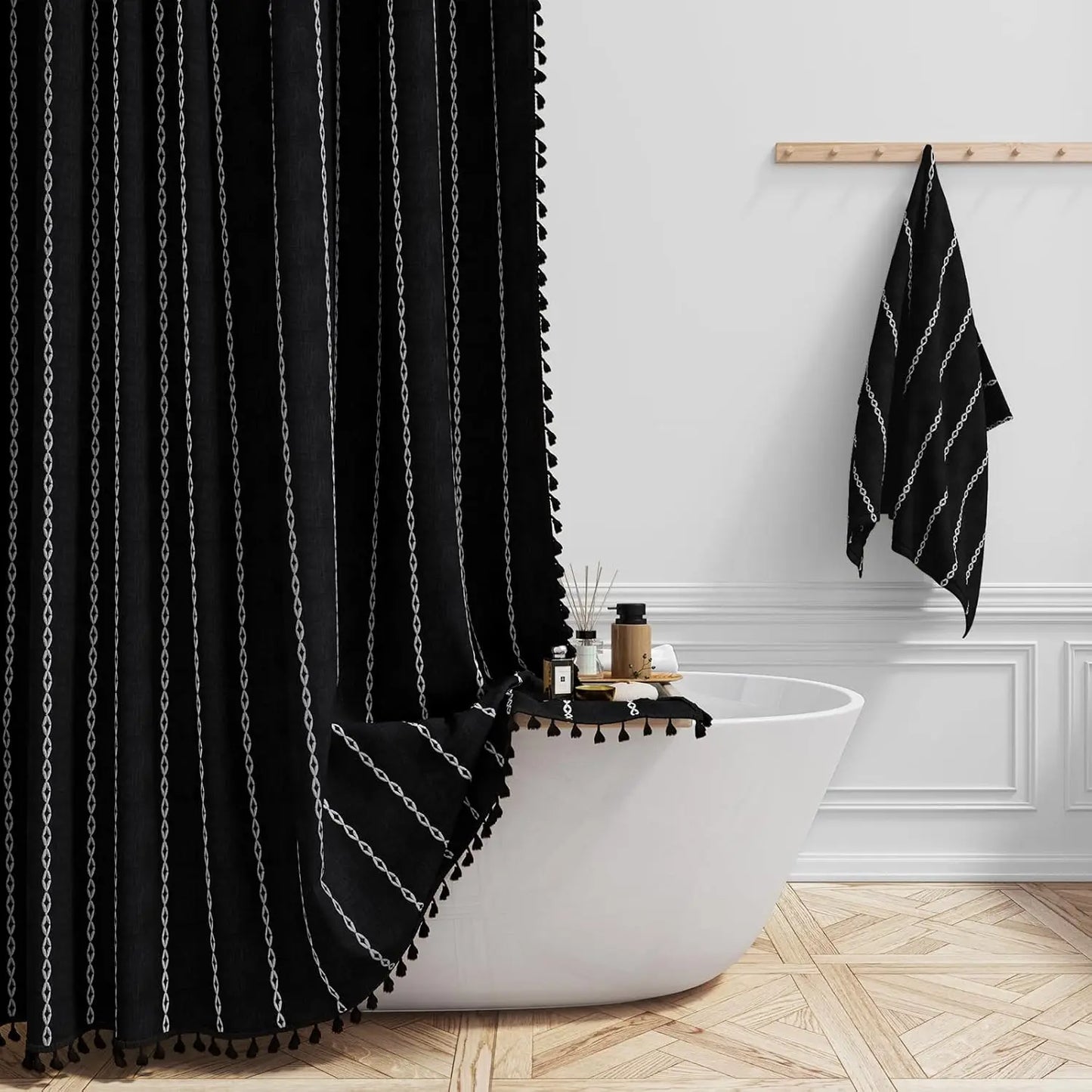 Linen Striped Shower Curtain with Tassels