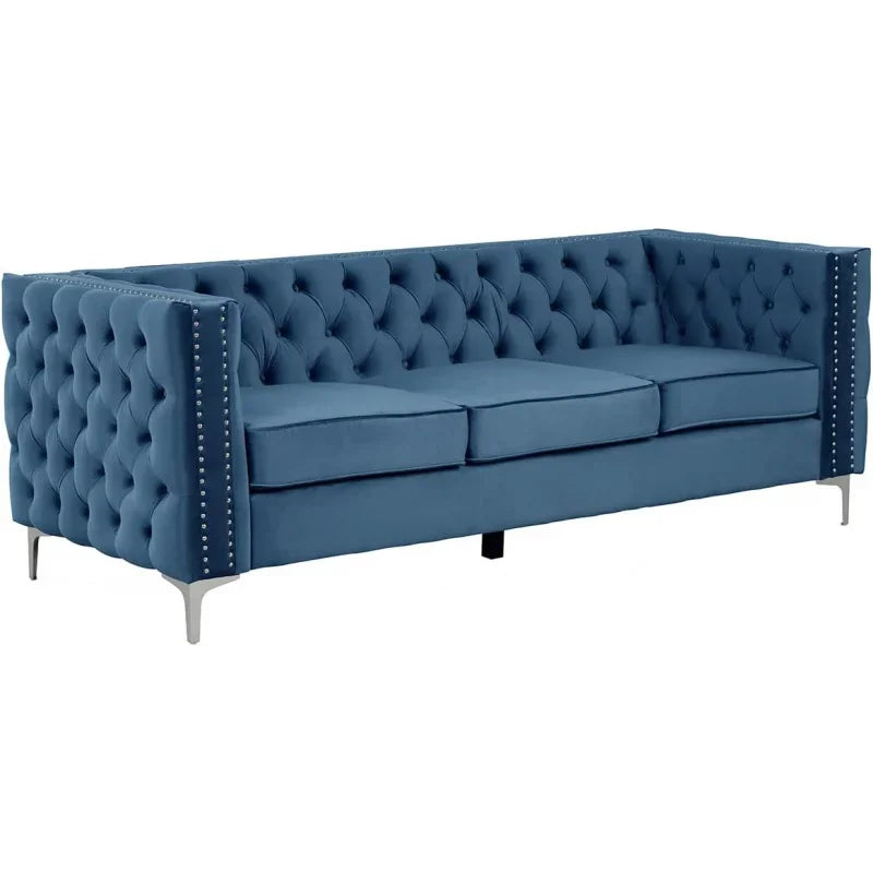 Blue Sofa with Buttons and Trim